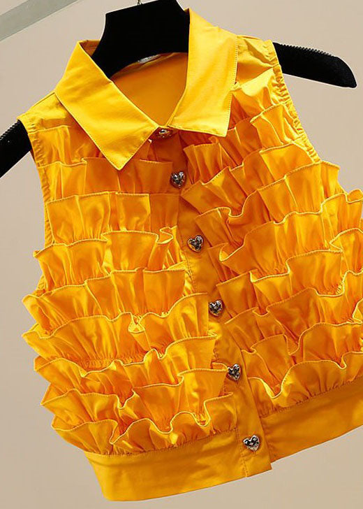 Fine Yellow Ruffled Patchwork Chiffon Shirt Top Sleeveless