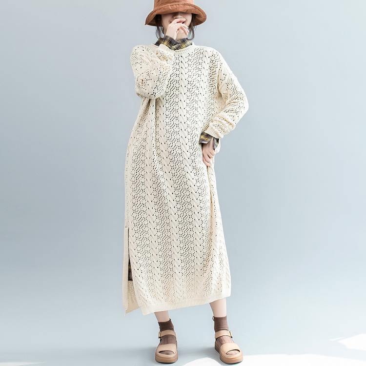 Fine beige  sweater dresses plus size o neck winter dresses New side open spring dress - Omychic