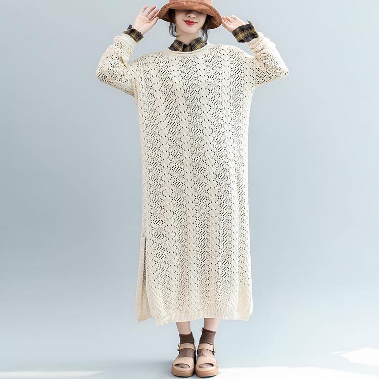 Fine beige  sweater dresses plus size o neck winter dresses New side open spring dress - Omychic