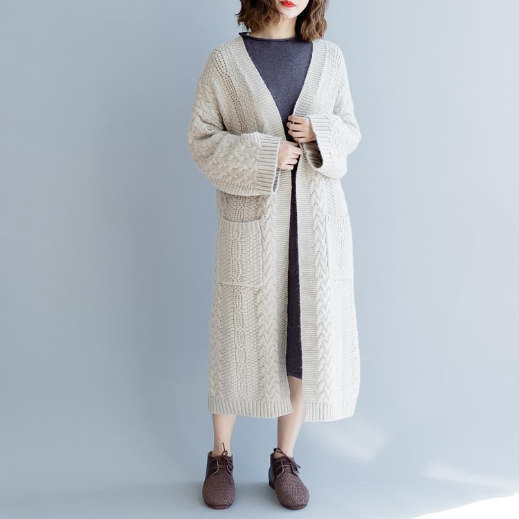 Fine beige maxi coat plus size v neck Wool Coat women pockets wool knit coats - Omychic