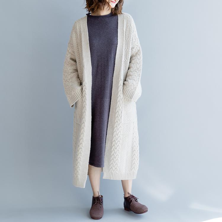 Fine beige maxi coat plus size v neck Wool Coat women pockets wool knit coats - Omychic