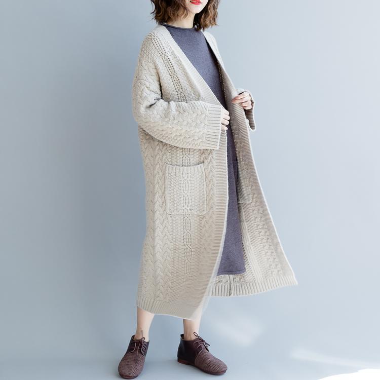 Fine beige maxi coat plus size v neck Wool Coat women pockets wool knit coats - Omychic