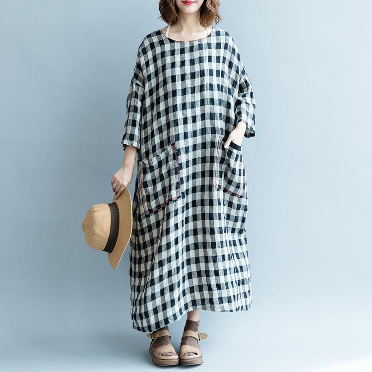 Fine black Plaid cotton linen maxi dress oversized O neck back side open traveling clothing 2018 Three Quarter sleeve pockets cotton linen dresses - Omychic