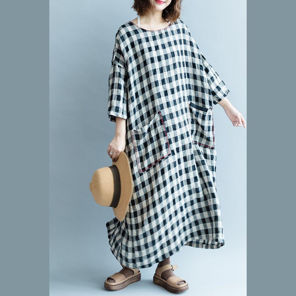 Fine black Plaid cotton linen maxi dress oversized O neck back side open traveling clothing 2018 Three Quarter sleeve pockets cotton linen dresses - Omychic