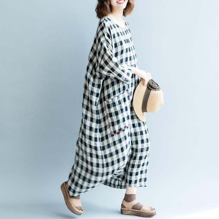 Fine black Plaid cotton linen maxi dress oversized O neck back side open traveling clothing 2018 Three Quarter sleeve pockets cotton linen dresses - Omychic