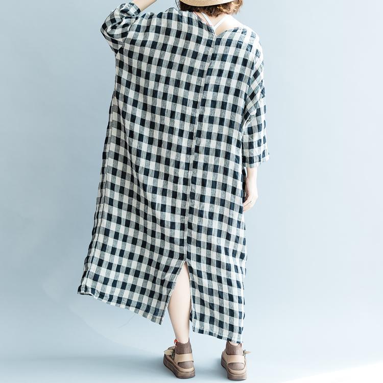 Fine black Plaid cotton linen maxi dress oversized O neck back side open traveling clothing 2018 Three Quarter sleeve pockets cotton linen dresses - Omychic