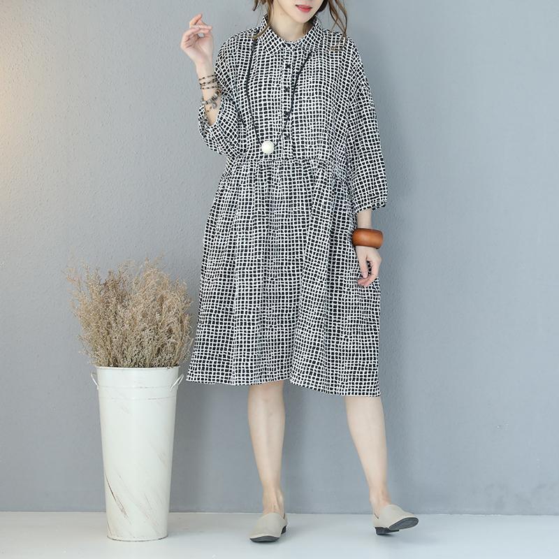 Fine black Plaid wrinkled cotton dress plus size turn-down collar long sleeve gown vintage baggy dresses - Omychic