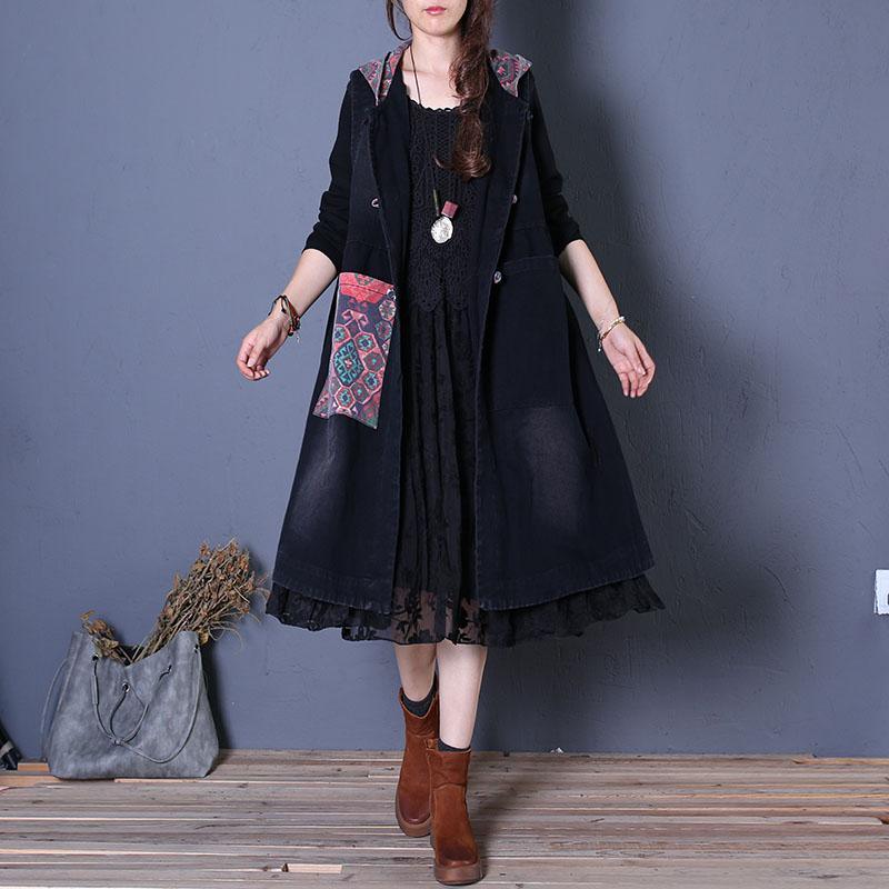 Fine black coats oversized maxi coat fall women coats patchwork hooded - Omychic