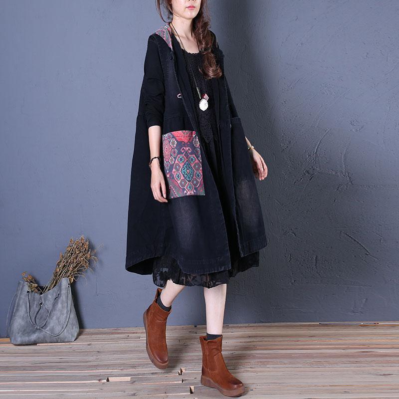 Fine black coats oversized maxi coat fall women coats patchwork hooded - Omychic