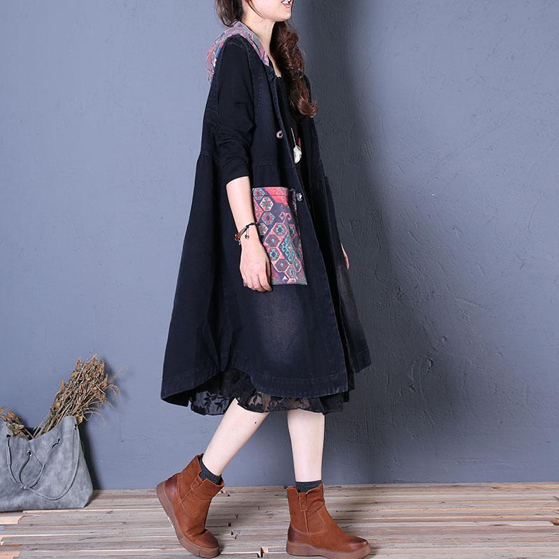 Fine black coats oversized maxi coat fall women coats patchwork hooded - Omychic