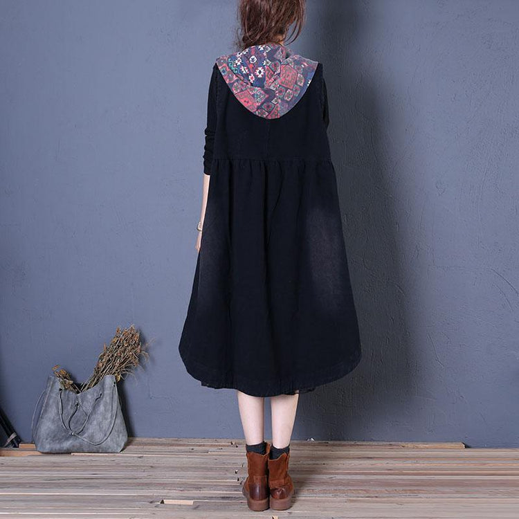 Fine black coats oversized maxi coat fall women coats patchwork hooded - Omychic