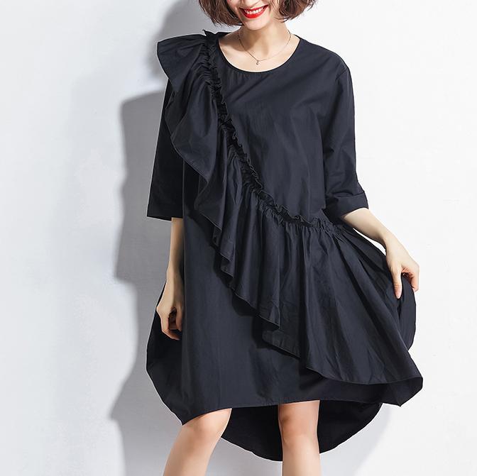 Fine black cotton blended dresses casual O neck baggy dresses caftans 2018 short sleeve side open dress - Omychic