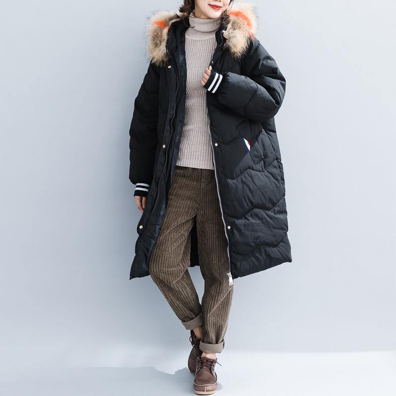 Fine black cotton coats plus size hooded fur collar Parka New pockets zippered cotton coats - Omychic