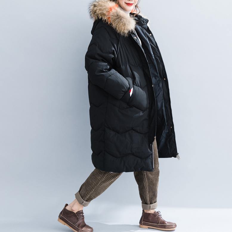 Fine black cotton coats plus size hooded fur collar Parka New pockets zippered cotton coats - Omychic