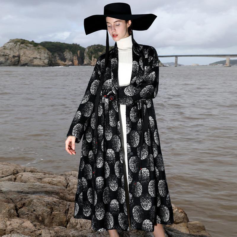 Fine black dotted Coats plus size long V neck women wrinkled pockets tie waist coats - Omychic