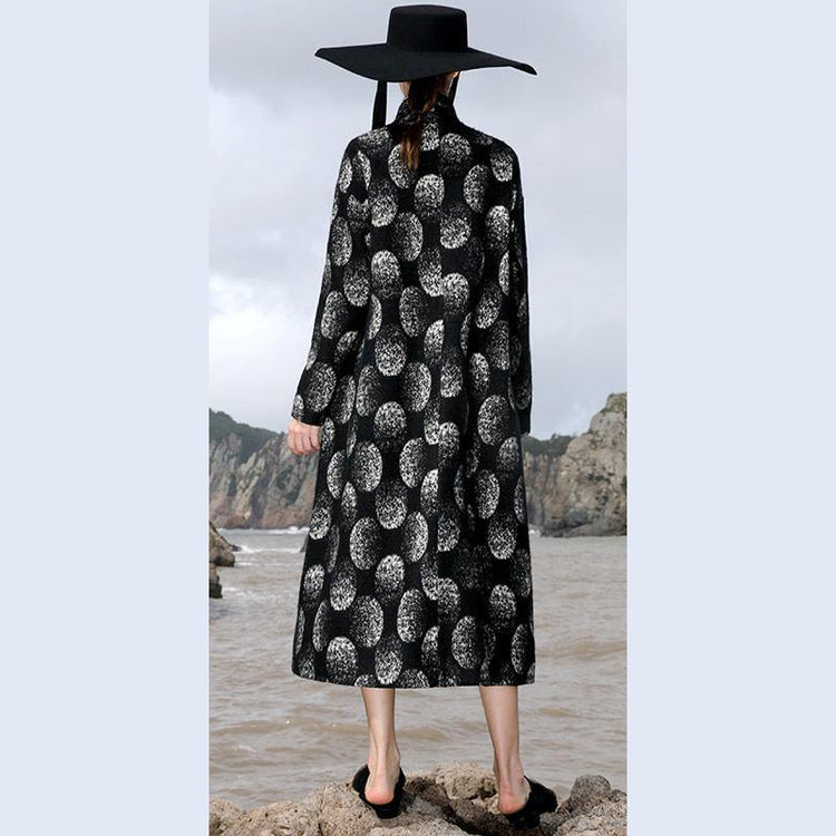Fine black dotted Coats plus size long V neck women wrinkled pockets tie waist coats - Omychic