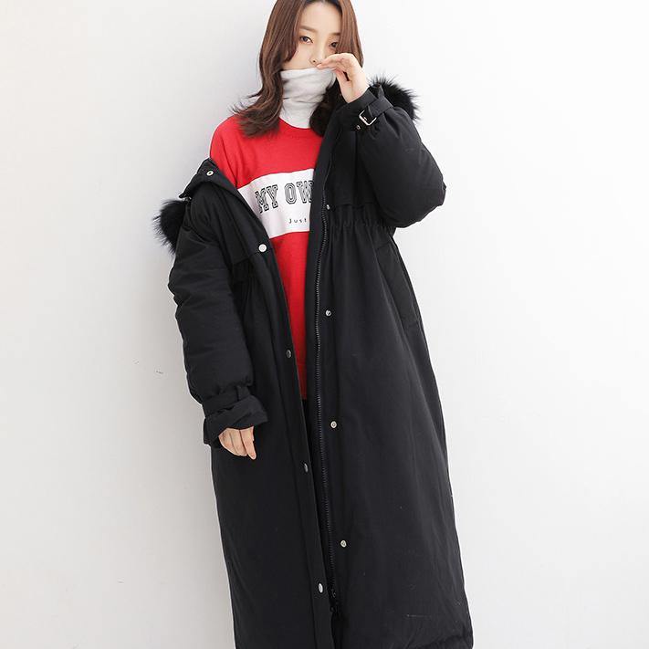 Fine black down jacket woman trendy plus size hooded snow jackets tie cuff sleeve coats - Omychic
