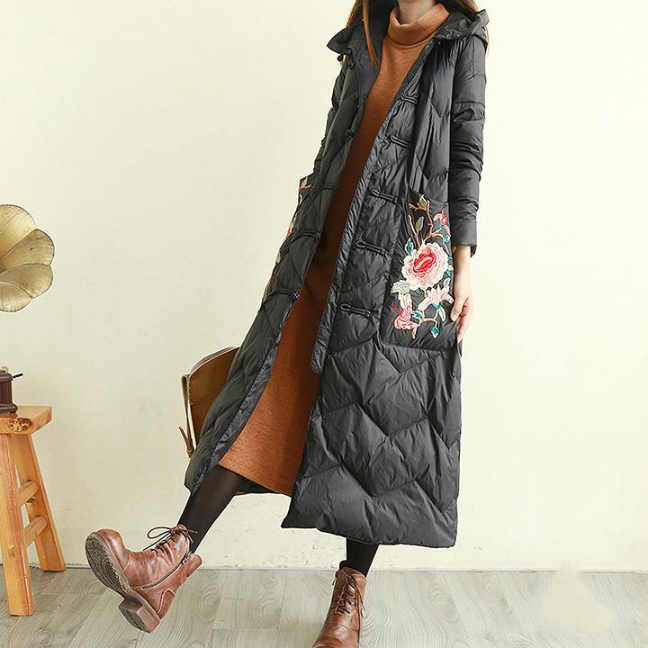 Fine black embroidery down jacket woman oversize womens parka coats Chinese Button hooded - Omychic