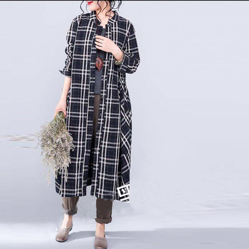 Fine black plaid linen fall coat oversize o neck Coats 2018 pockets linen Coats - Omychic