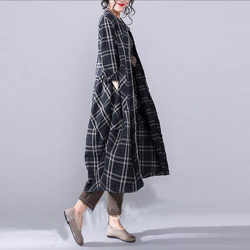 Fine black plaid linen fall coat oversize o neck Coats 2018 pockets linen Coats - Omychic