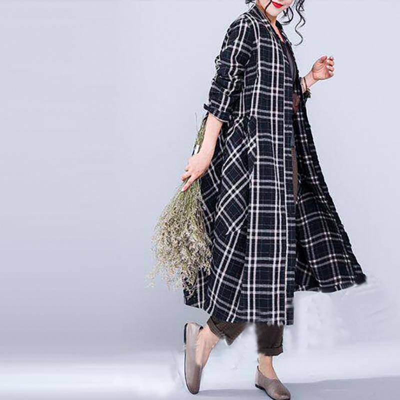 Fine black plaid linen fall coat oversize o neck Coats 2018 pockets linen Coats - Omychic