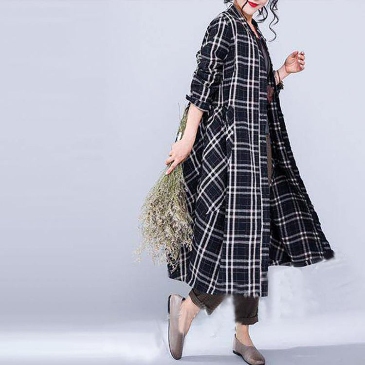 Fine black plaid linen fall coat oversize o neck Coats 2018 pockets linen Coats - Omychic