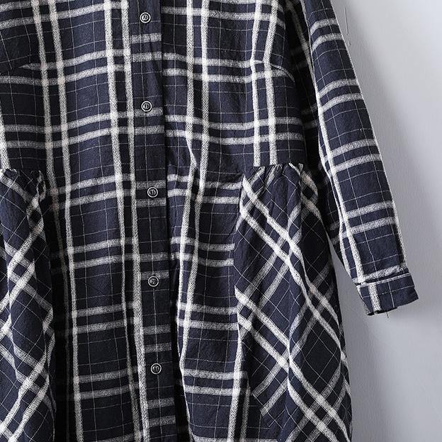 Fine black plaid linen fall coat oversize o neck Coats 2018 pockets linen Coats - Omychic