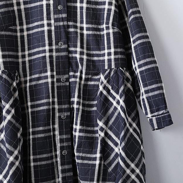 Fine black plaid linen fall coat oversize o neck Coats 2018 pockets linen Coats - Omychic