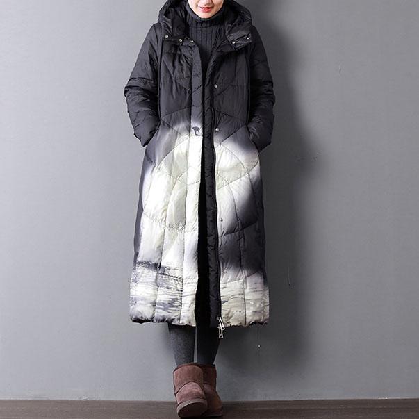 Fine black print duck down coat oversize hooded winter zippered down overcoat - Omychic