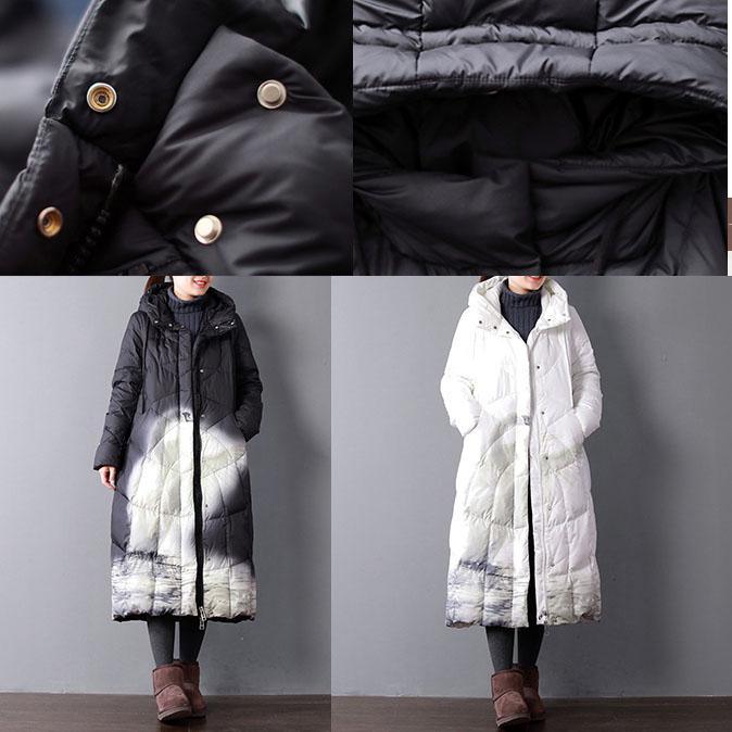 Fine black print duck down coat oversize hooded winter zippered down overcoat - Omychic