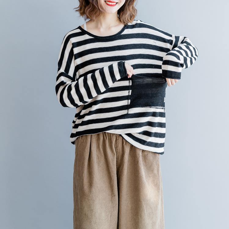 Fine black striped cotton tops Loose fitting cotton clothing blouses Elegant o neck big pockets natural cotton pullover - Omychic