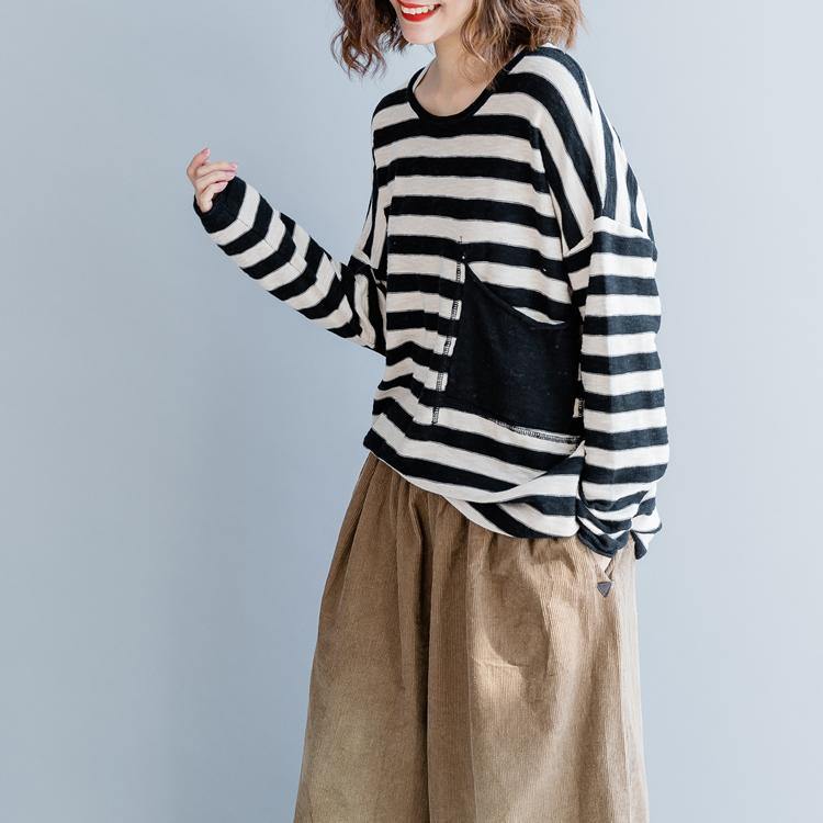 Fine black striped cotton tops Loose fitting cotton clothing blouses Elegant o neck big pockets natural cotton pullover - Omychic