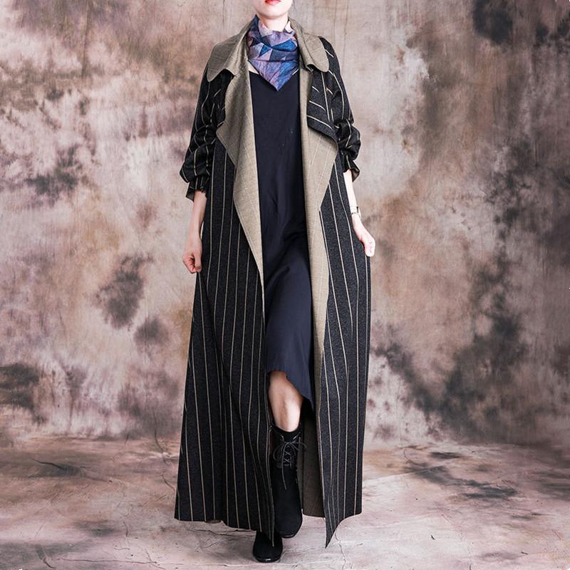 Fine black striped woolen overcoat plus size Jackets & Coats patchwork coat big lapel collar - Omychic