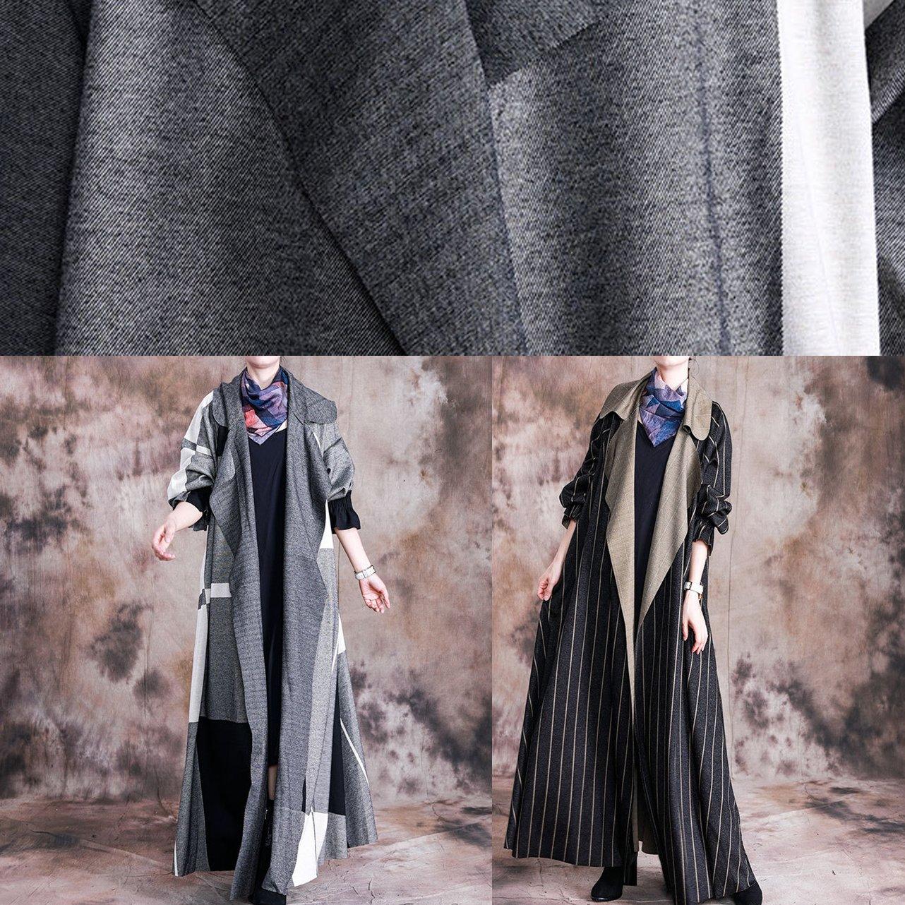 Fine black striped woolen overcoat plus size Jackets & Coats patchwork coat big lapel collar - Omychic