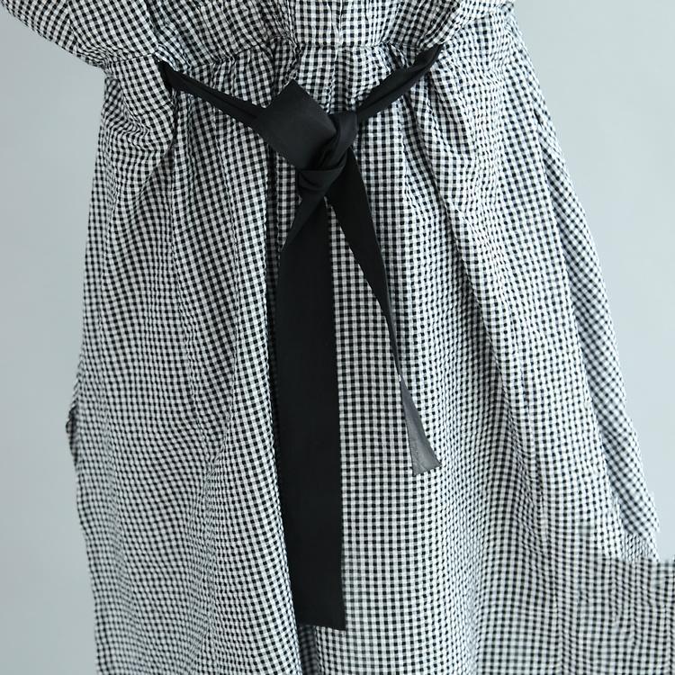 Fine Black White Plaid Cotton Blended Caftans Plus Size Clothing V Neck Tie Waist Gown Fine Long Sleeve Baggy Dresses - Omychic