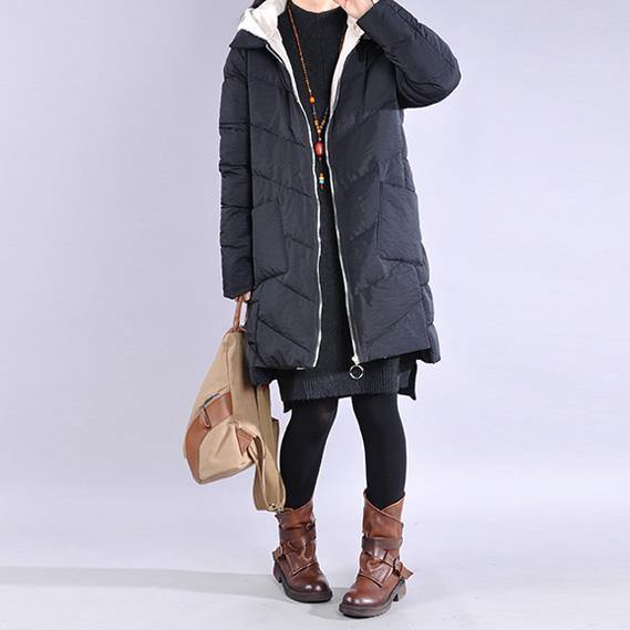 Fine black zippered casual outfit casual Jackets & Coats low high design hooded winter coats - Omychic