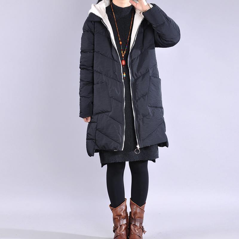 Fine black zippered casual outfit casual Jackets & Coats low high design hooded winter coats - Omychic