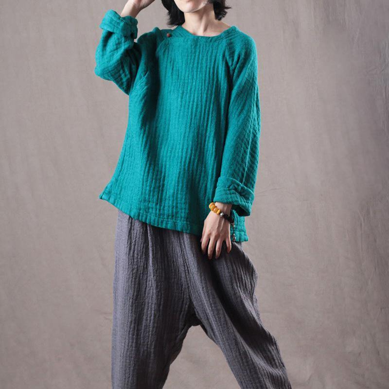 Fine blue  linen tops casual linen cotton t shirt Fine long sleeve Chinese Button midi tops - Omychic