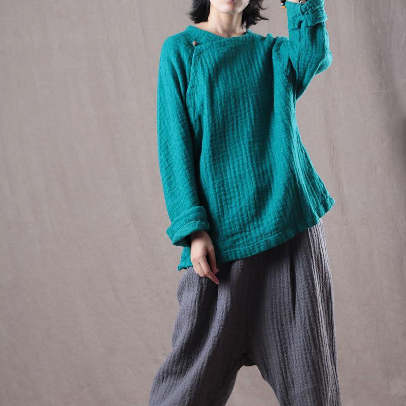 Fine blue  linen tops casual linen cotton t shirt Fine long sleeve Chinese Button midi tops - Omychic