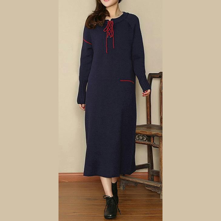 Fine blue 2018 fall wool dress Loose fitting V neck drawstring Elegant long sleeve pockets kaftans - Omychic