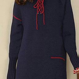 Fine blue 2018 fall wool dress Loose fitting V neck drawstring Elegant long sleeve pockets kaftans - Omychic