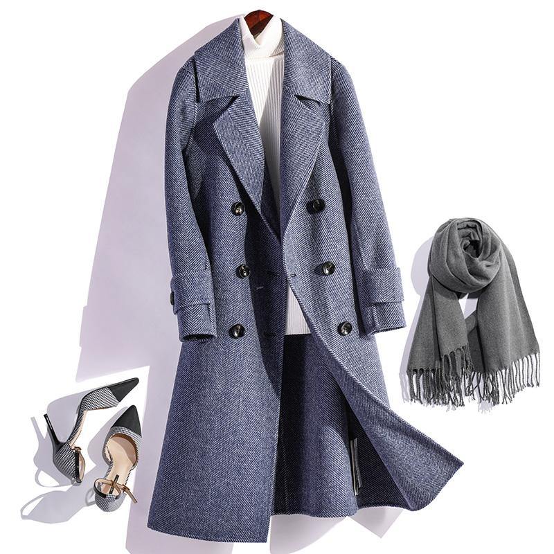Fine blue Woolen Coat Women oversize medium length coat fall jacket double breast - Omychic