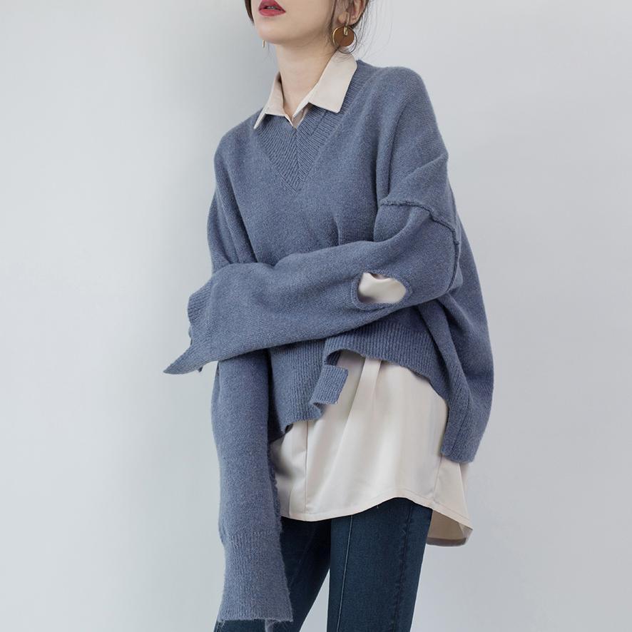 Fine blue knit sweaters plus size V neck knitted blouses top quality asymmetrical design top - Omychic