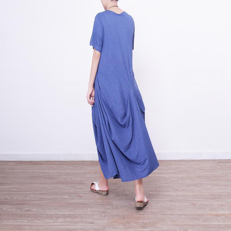 Fine blue long linen dresses casual o neck traveling clothing New asymmetric gown - Omychic