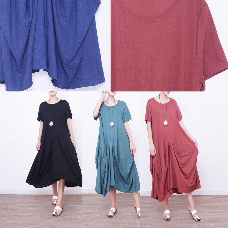 Fine blue long linen dresses casual o neck traveling clothing New asymmetric gown - Omychic