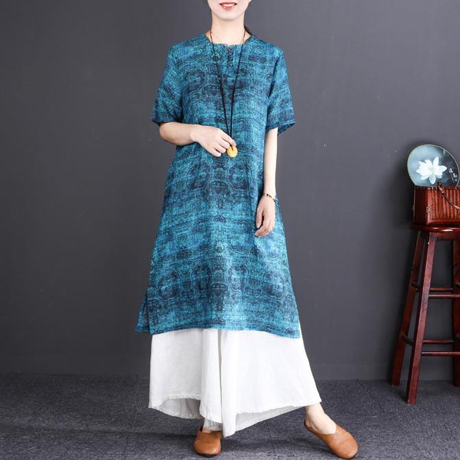 Fine blue print linen dresses trendy plus size O neck linen gown vintage short sleeve linen dresses - Omychic