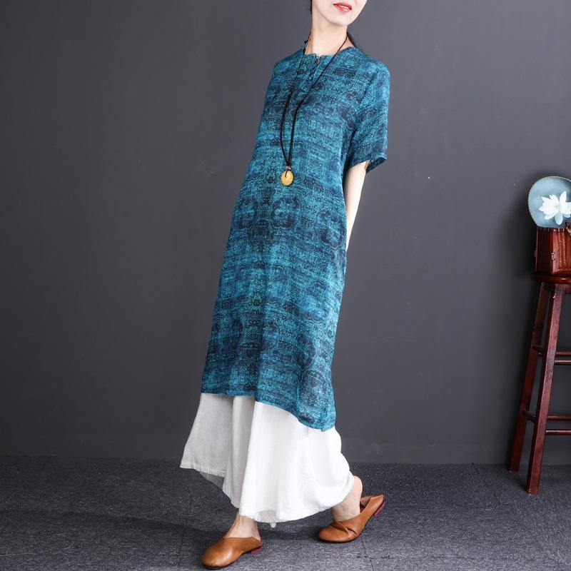 Fine blue print linen dresses trendy plus size O neck linen gown vintage short sleeve linen dresses - Omychic