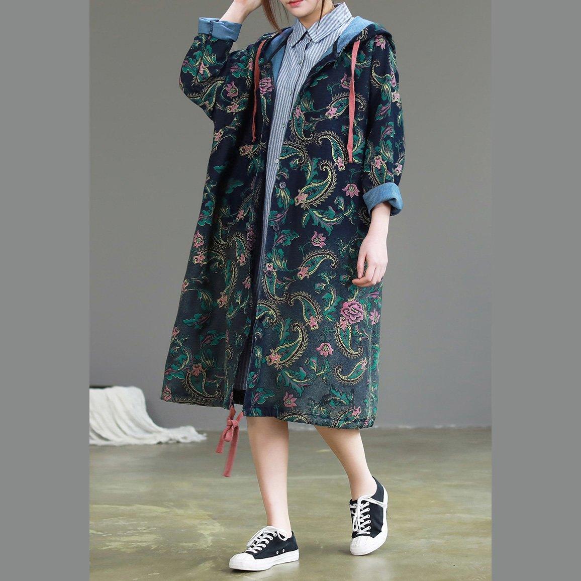 Fine blue print overcoat Loose fitting spring hooded drawstring coats - Omychic