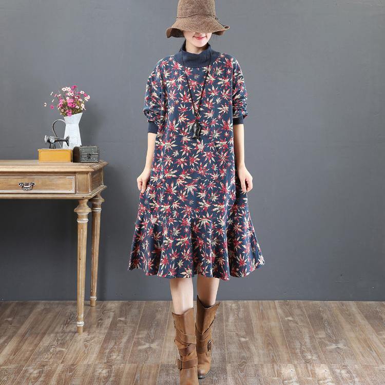 Fine blue prints  pure cotton dresses   plus size cotton clothing dresses stand collar Elegant patchwork cotton clothing dresses - Omychic