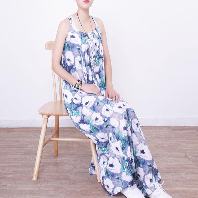 Fine blue prints long cotton dresses Loose fitting big hem cotton gown casual sleeveless gown - Omychic